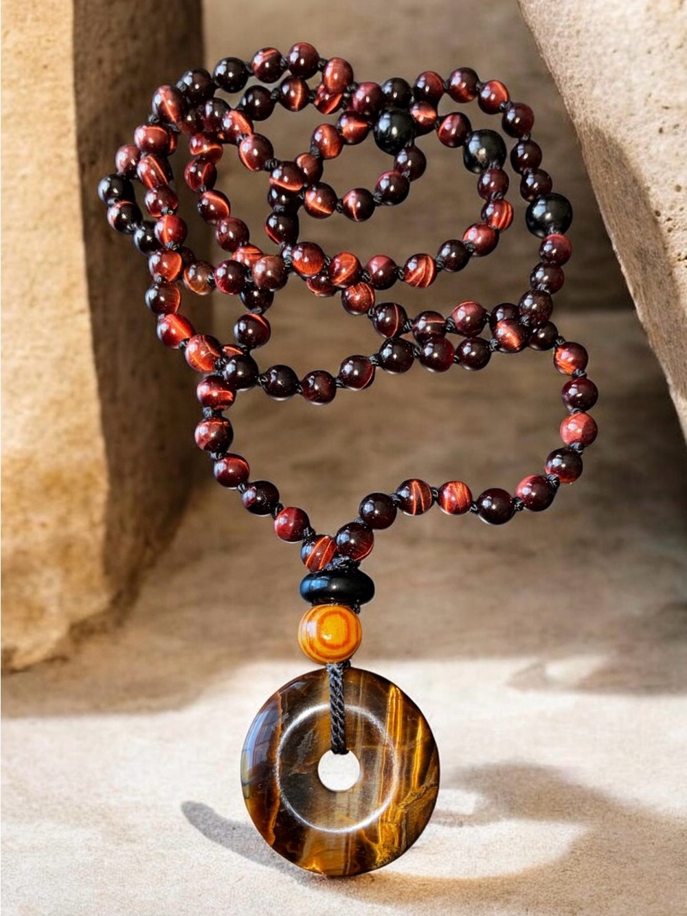 Hand knotted Red Tiger Eye w Blk Tourmaline Markers & Tiger Eye Pi-Stone Mala